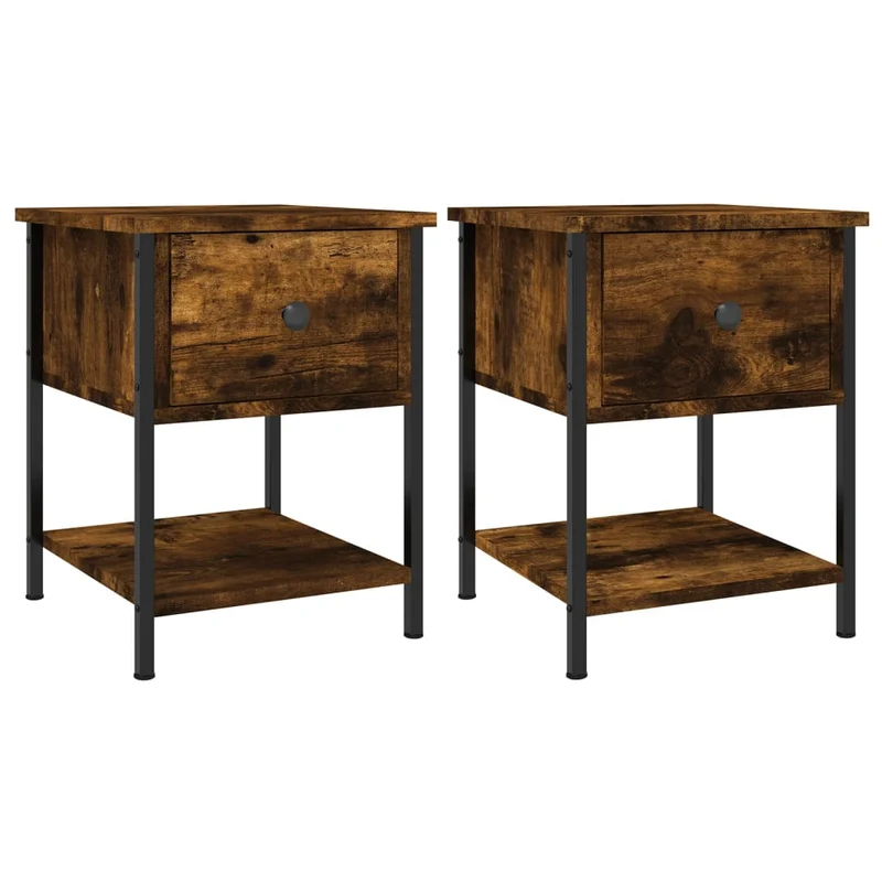 Lot de 2 tables de chevet avec tiroir et étagère 34 x 35,5 x 45cm bois d’ingénierie marron vieilli et fer DEC035799