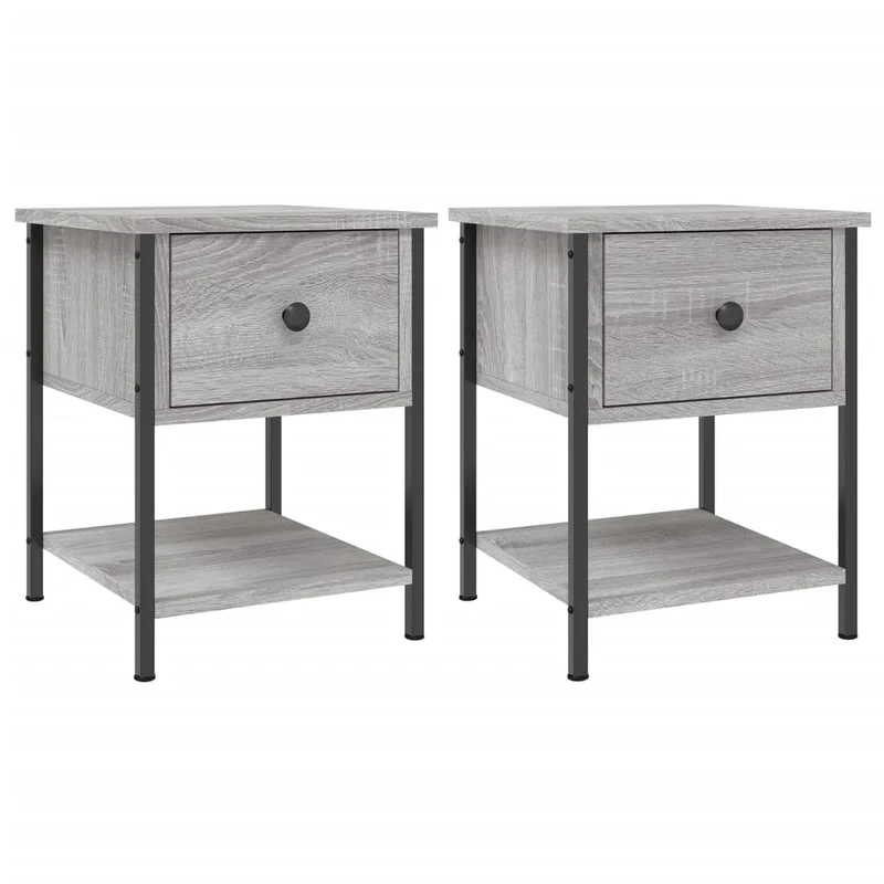 Lot de 2 tables de chevet avec tiroir et étagère 34 x 35,5 x 45cm bois ingénierie gris et fer DEC035647