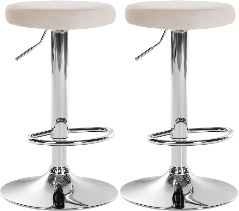 Lot de 2 tabourets de bar avec assise en tissu velours crème et cadre métal chromé TDB10713