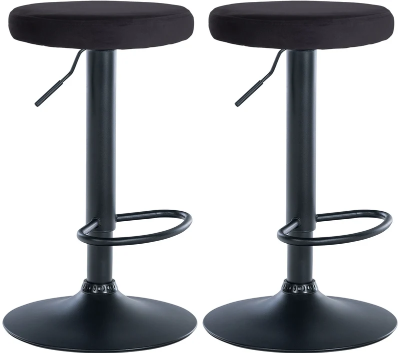 Lot de 2 tabourets de bar avec assise en tissu velours noir et cadre métal noir TDB10710