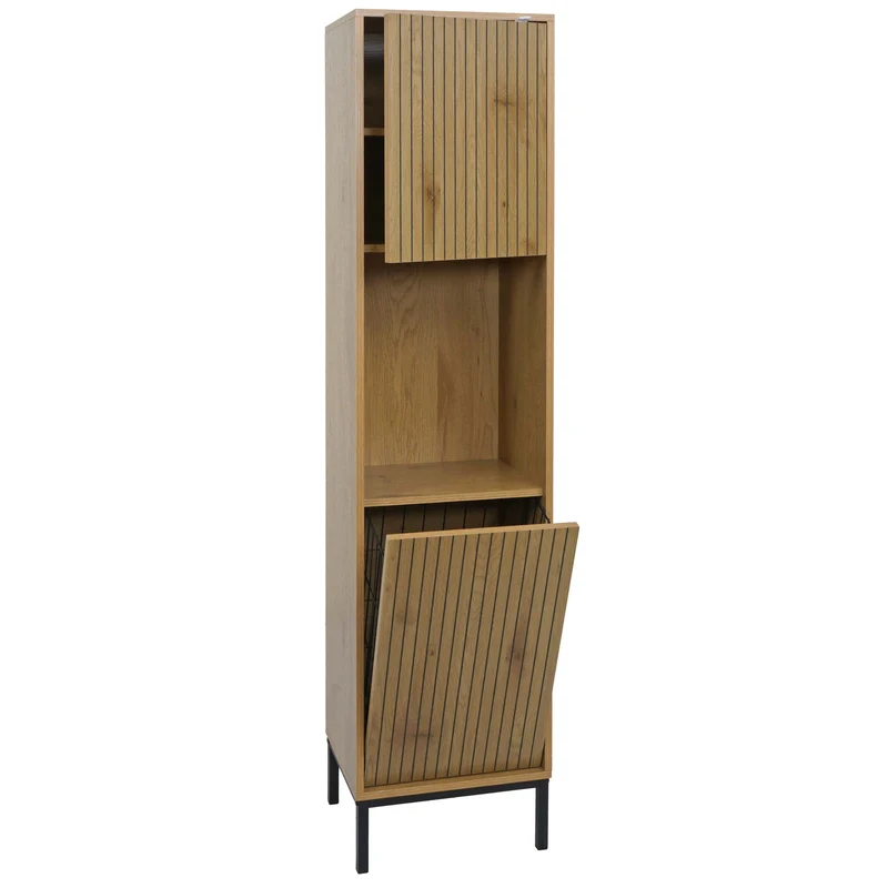 Armoire haute meuble de salle de bain avec étagères compartiments et panier à linge basculant 174x39x30 cm MDF finition mélaminée 04_0009218