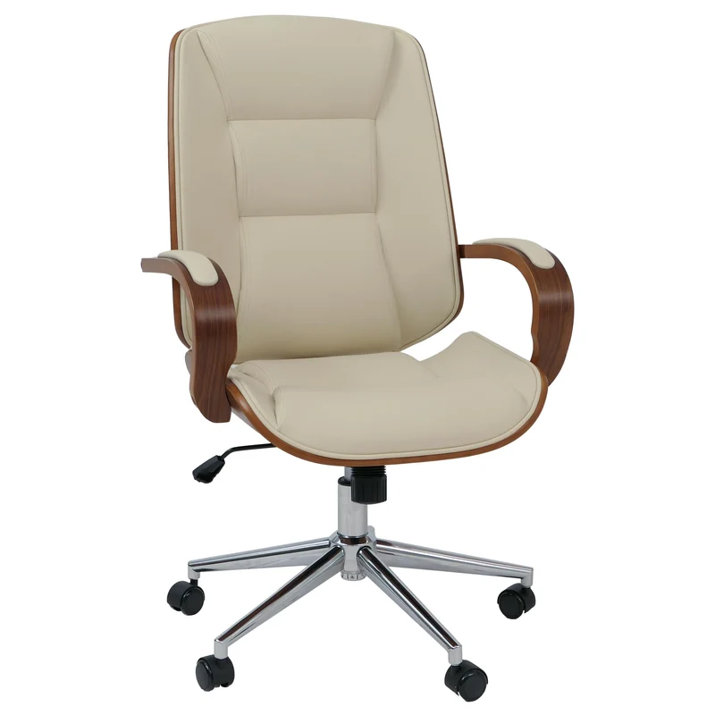 Fauteuil de bureau sur roulettes pivotant avec accoudoirs en simili cuir crème avec structure en bois courbé finition noyer 04_0009102