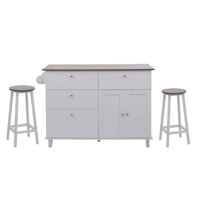 Îlot de cuisine avec 2 tabourets meuble de rangement avec 4 tiroirs et 2 portes 90x131x47 cm blanc et bois foncé 04_0008789