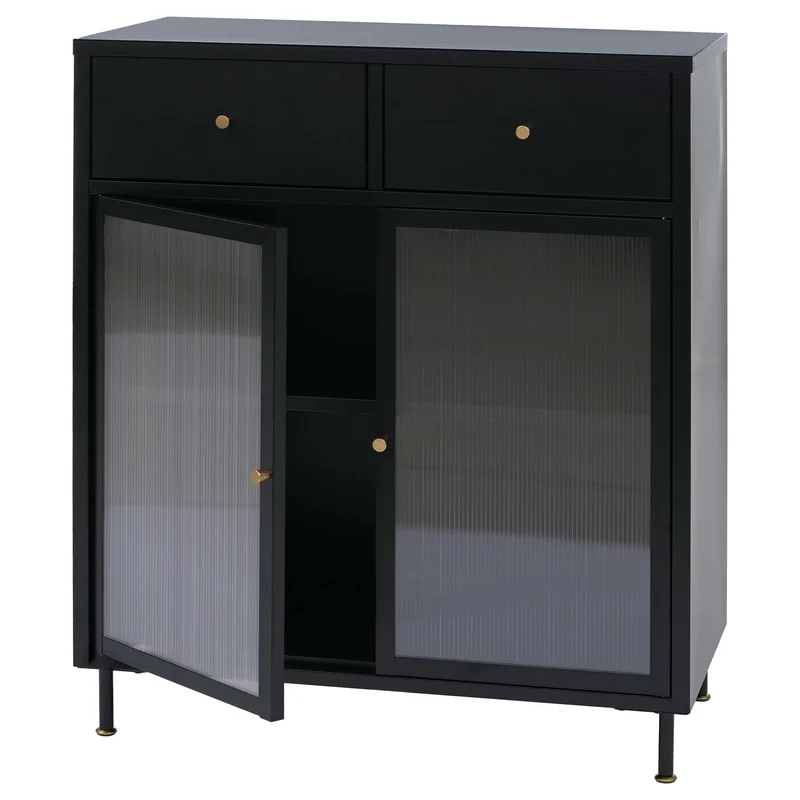 Commode industrielle en métal noir avec portes en verre strié 2 tiroirs et étagère réglable 96x80x40 cm 04_0008874