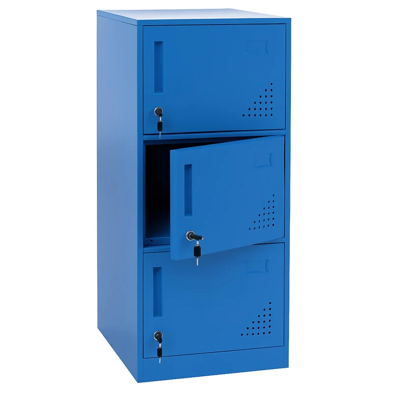Vestiaire métallique 3 portes serrure avec clés porte-étiquettes et aérations 90x38x45 cm en acier laminé à froid bleu 04_0008940