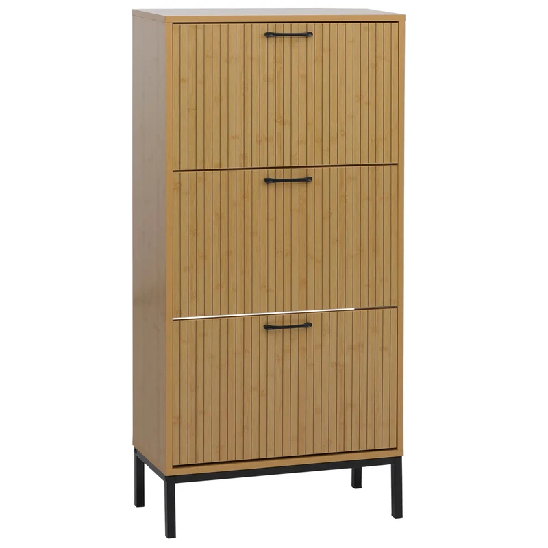 Meuble à chaussures 3 abattants en finition bambou armoire à chaussures 125x60x25 cm avec pieds métal 04_0008843