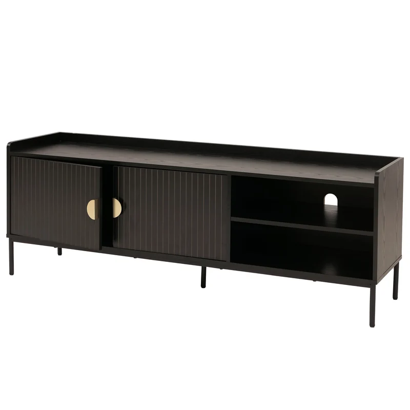 Meuble TV 2 portes compartiment ouvert et passe-câbles 56x150x40cm en bois noir avec façades à lamelles 04_0009433