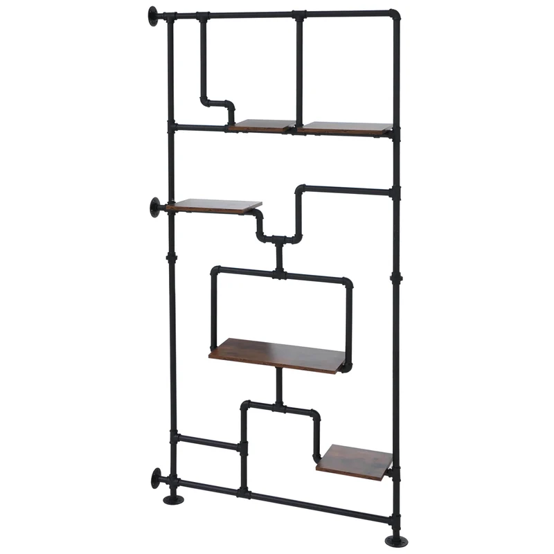 Bibliothèque séparateur de pièce style industriel 203x100x20 cm en métal et MDF mélaminé coloris marron foncé 04_0008764