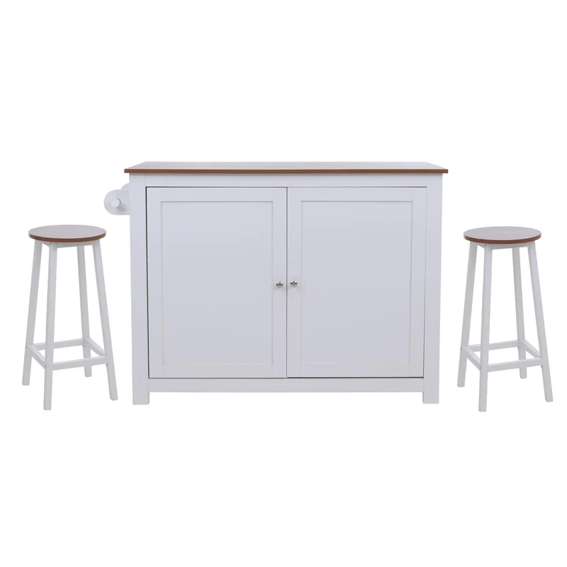 Îlot de cuisine avec 2 tabourets placard de rangement et espaces de stockage 90x120x45 cm blanc et bois clair 04_0008783