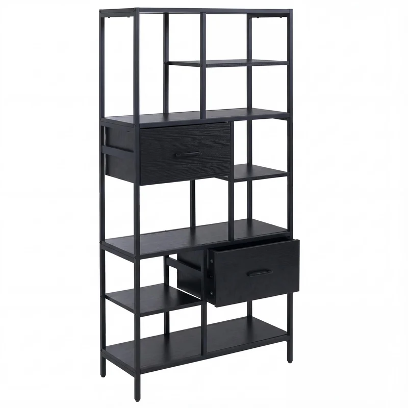 Bibliothèque industrielle avec tiroirs étagère sur pied 150x81x33 cm en MDF et métal noir 04_0008784