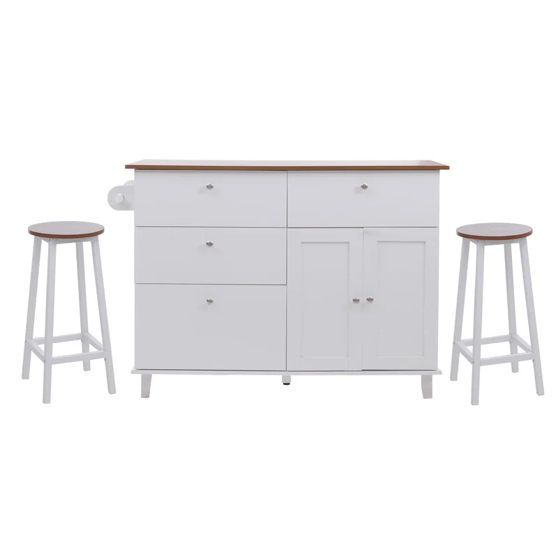 Îlot de cuisine avec 2 tabourets meuble de rangement avec 4 tiroirs et 2 portes 90x131x47 cm blanc et bois clair 04_0008793