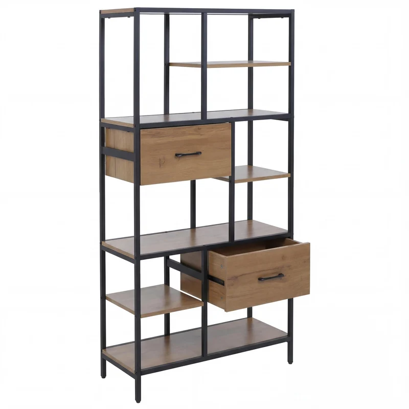 Bibliothèque industrielle avec tiroirs étagère de rangement 150x81x33 cm en MDF marron et métal 04_0008786