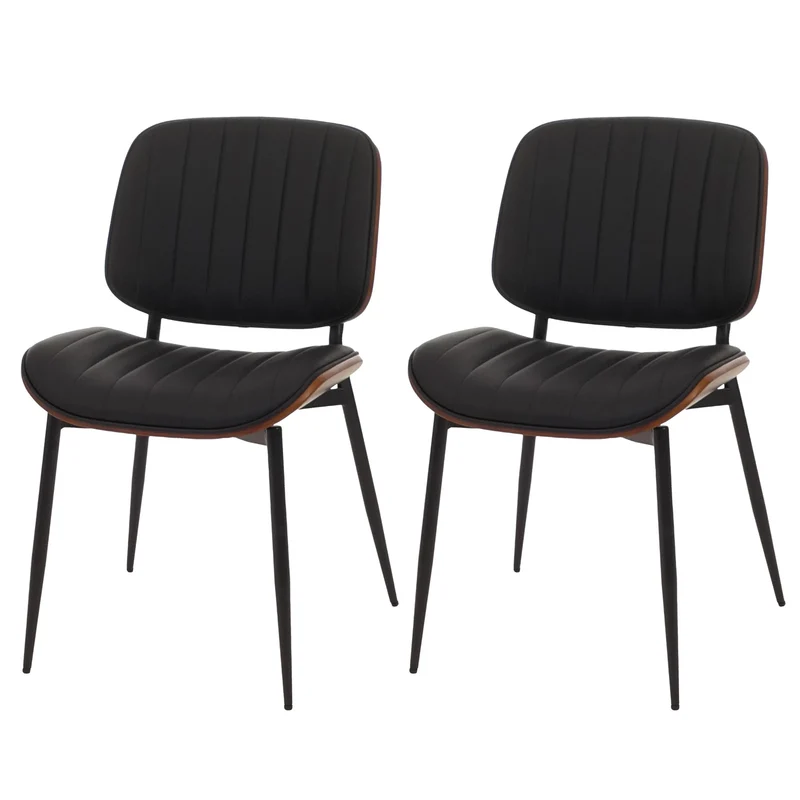 Lot de 2 chaises de salle à manger en bois courbé finition noyer et simili cuir noir avec surpiqûres verticales décoratives design moderne et élégant 04_0009480