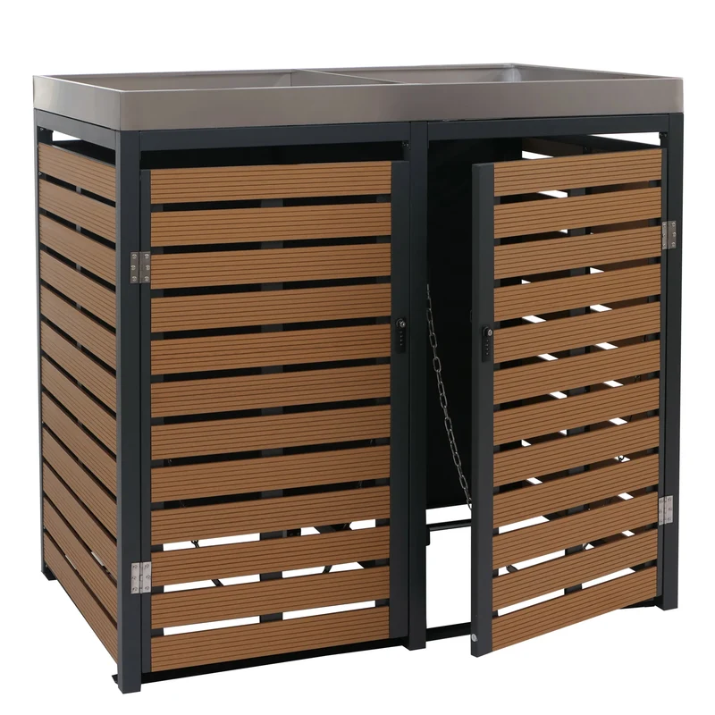 Cache-poubelles double avec bac à plantes intégré 124x134x84 cm WPC et acier inoxydable finition teck 04_0008998
