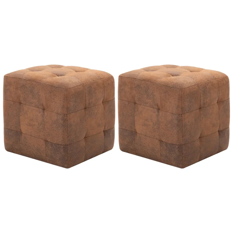 Lot de 2 poufs repose-pieds cubes capitonné 30 x 30 x 30 cm en PVC aspect daim marron DEC035439