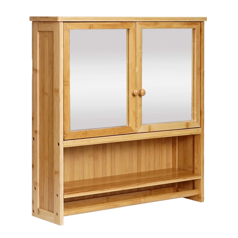 Meuble de salle de bain miroir avec rangement 62 x 66 x 15 cm 3 étagères design naturel en bambou 04_0010335