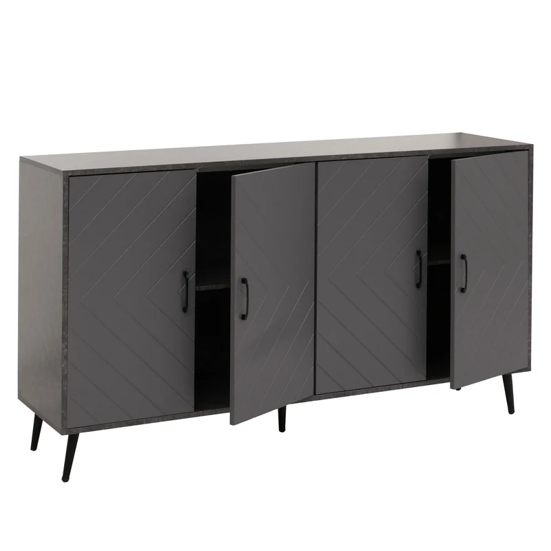 Buffet moderne 150 cm effet marbre gris meuble de rangement 4 portes motif chevrons surface anti-rayures pieds bois massif 04_0009787