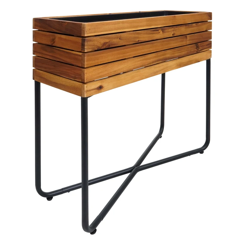 Bac à fleurs sur pied rectangulaire 60x62x22 cm en bois d’acacia et structure stable avec pieds en acier 04_0010297