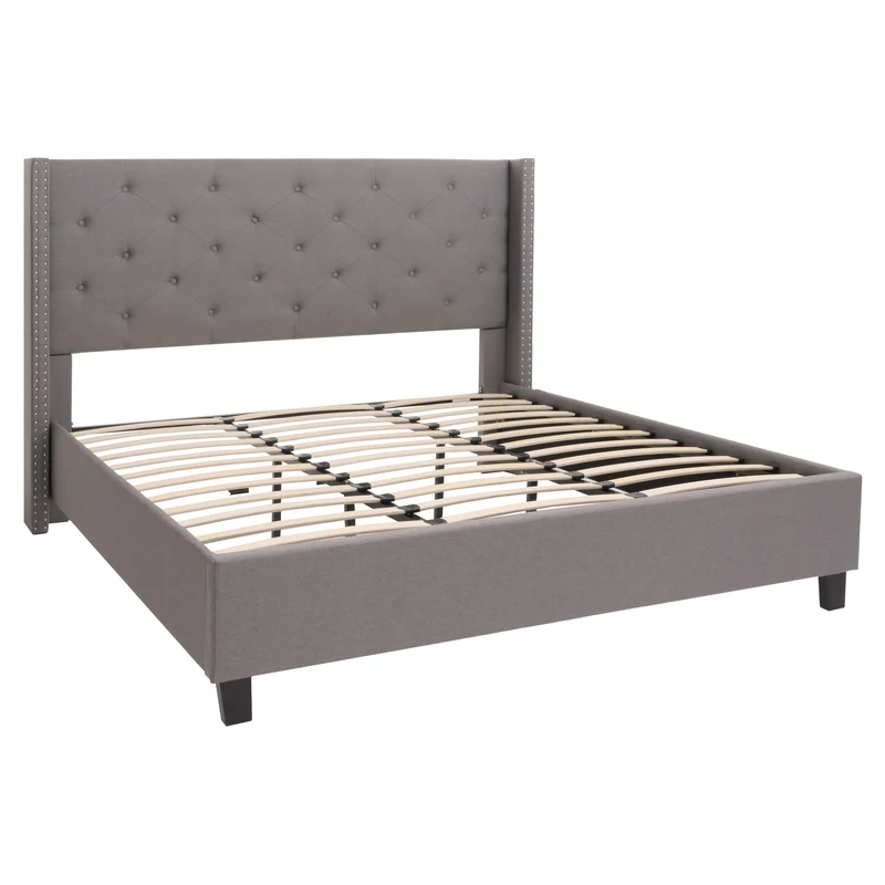 Lit double rembourré 180x200 cm gris avec sommier à lattes cadre en bois massif tête de lit capitonnée et clous décoratifs 04_0010072