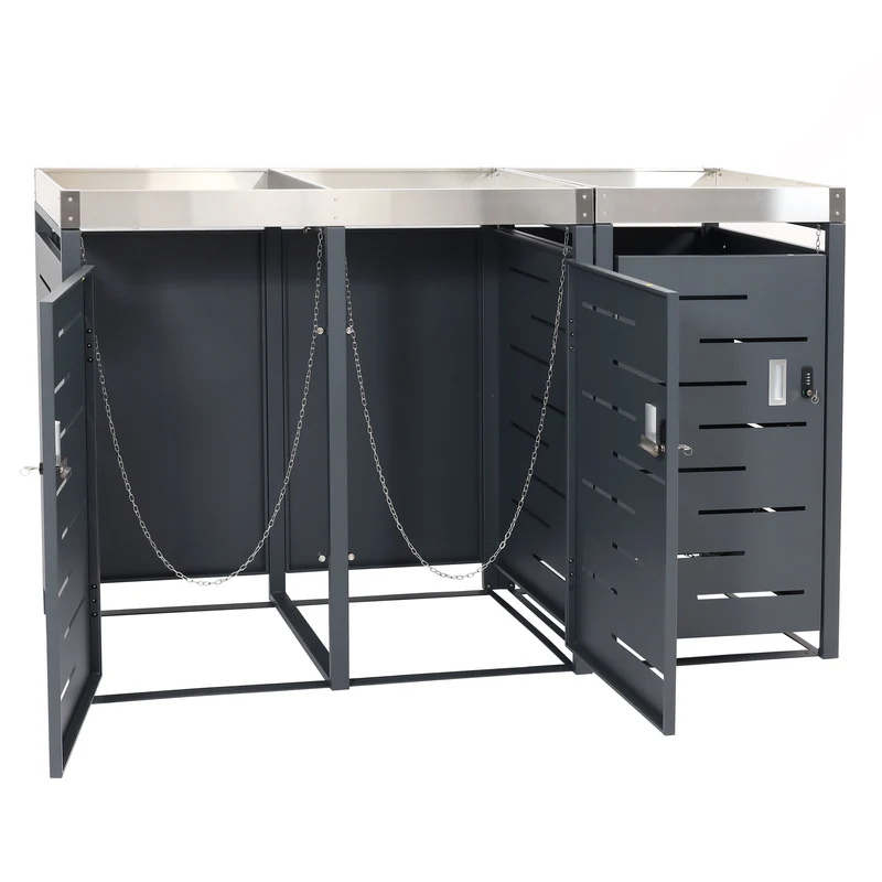 Cache poubelles triple 3 bacs 80 à 120l avec bac à plantes inox et acier galvanisé 110x175x62 cm 04_0010366