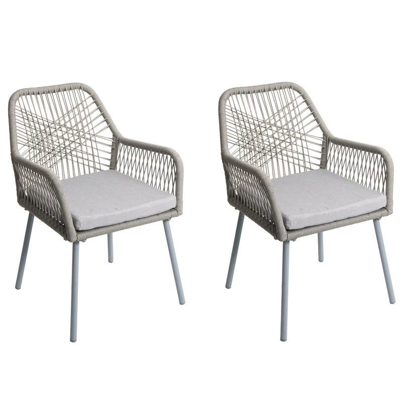 Lot de 2 chaises de jardin motif graphique aéré en aluminium gris corde tressée et coussins crème inclus 04_0009692
