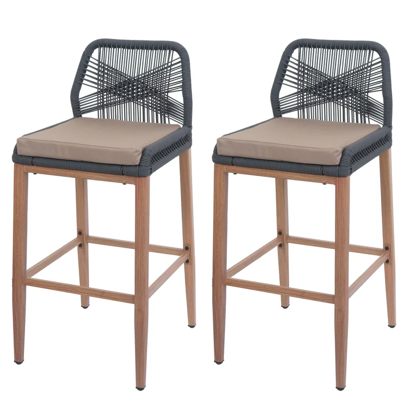 Lot de 2 tabourets de bar extérieur avec dossier cordage élastique décoratif gris foncé et repose-pieds structure acier effet bois coussins taupe 04_0009646
