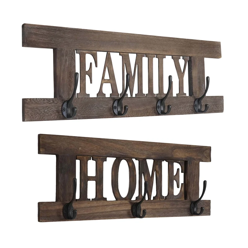 Lot de 2 panneaux porte-manteaux muraux style vintage avec crochets doubles home & family en bois paulownia marron 04_0011395