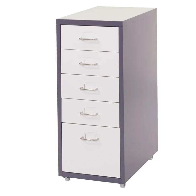 Caisson à roulettes en acier 5 tiroirs 69x28x41 cm gris foncé et blanc avec extension totale et porte-étiquettes 04_0010815