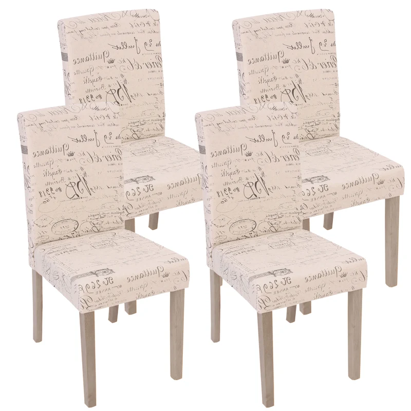 Lot de 4 chaises de salle à manger cuisine en tissu crème motif lettrage des pieds en bois clair 04_0000598