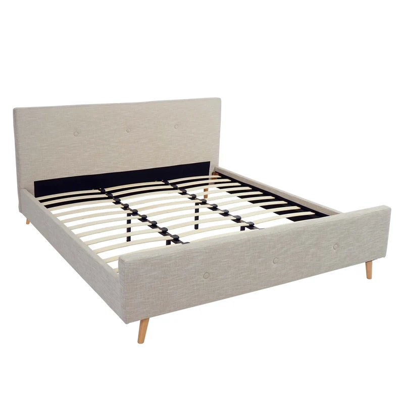 Lit double capitonné avec boutons décoratifs 180x200 cm sommier inclus bois massif et tissu crème/beige 04_0010471