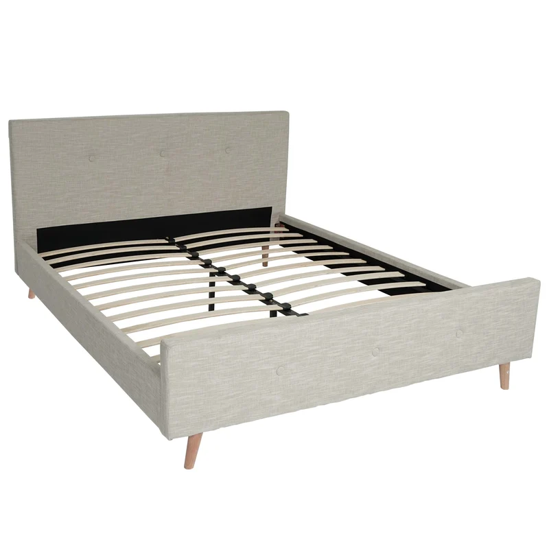 Lit double capitonné avec boutons décoratifs 160x200 cm sommier inclus bois massif tissu crème beige 04_0010472