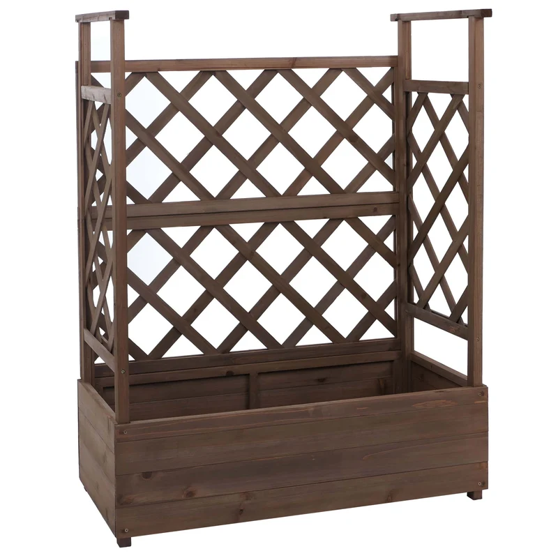 Bac à fleurs surélevé avec treillis 3 côtés jardinière 114 x 85 x 44 cm brise-vue balcon en bois marron 04_0008928