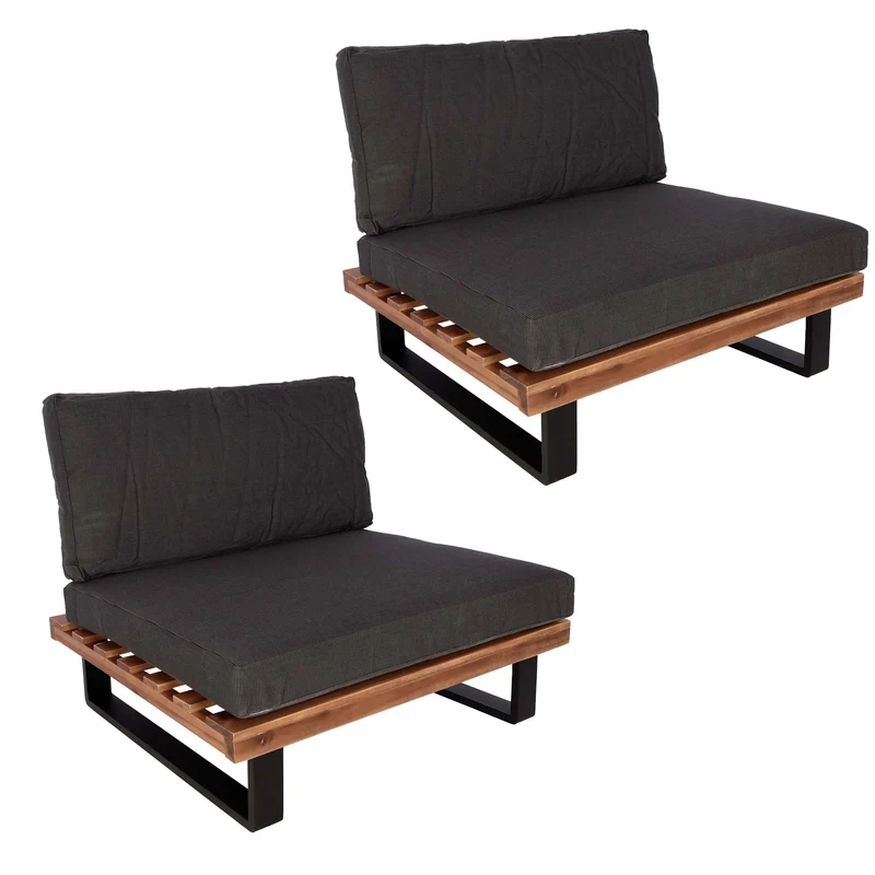 Lot de 2 fauteuils lounge bas avec coussins épais gris foncé en aluminium et bois d’acacia marron avec coussins 04_0009394