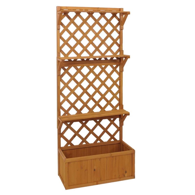 Bac à fleurs surélevé avec treillis et étagères jardinière brise-vue naturel balcon 177 x 77 x 33 cm en bois 04_0008919