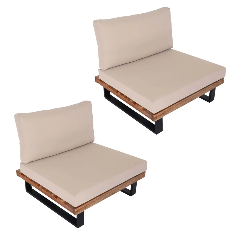 Lot de 2 fauteuils lounge bas avec coussins épais crème en aluminium et bois d’acacia marron avec coussins 04_0009396