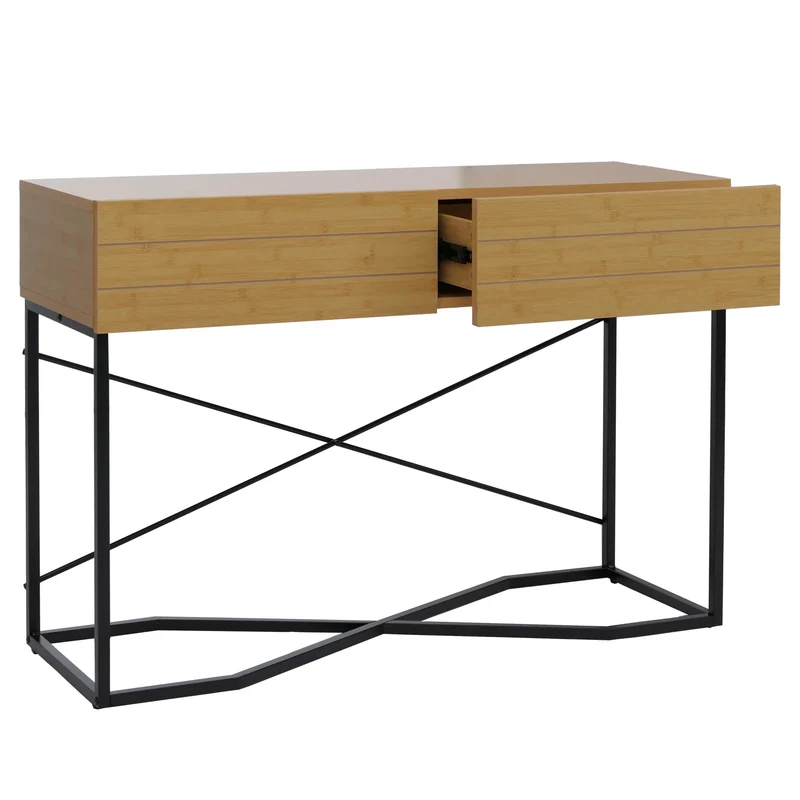 Console industrielle avec 2 tiroirs style loft moderne 81 x 120 x 40 cm en MDF mélaminé aspect bambou et métal 04_0008852