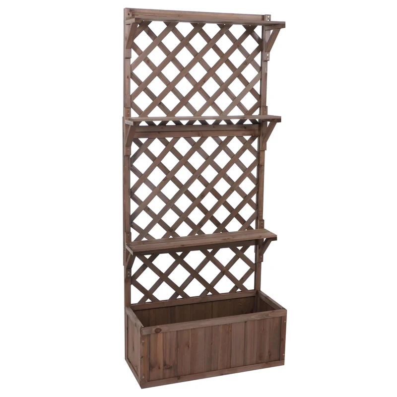 Bac à fleurs surélevé avec treillis et étagères jardinière 177 x 77 x 33 cm en bois marron 04_0008917