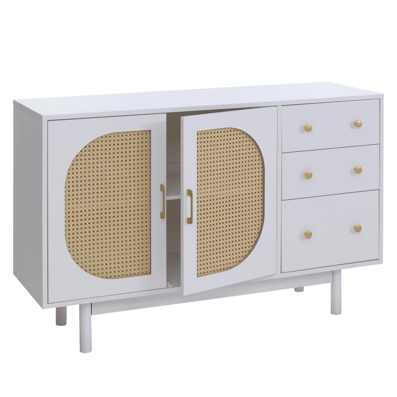 Buffet commode avec 3 tiroirs et 2 portes façades style moderne chic 80 x 120 x 40 cm en poly-rotin et MDF mélaminé blanc 04_0008702