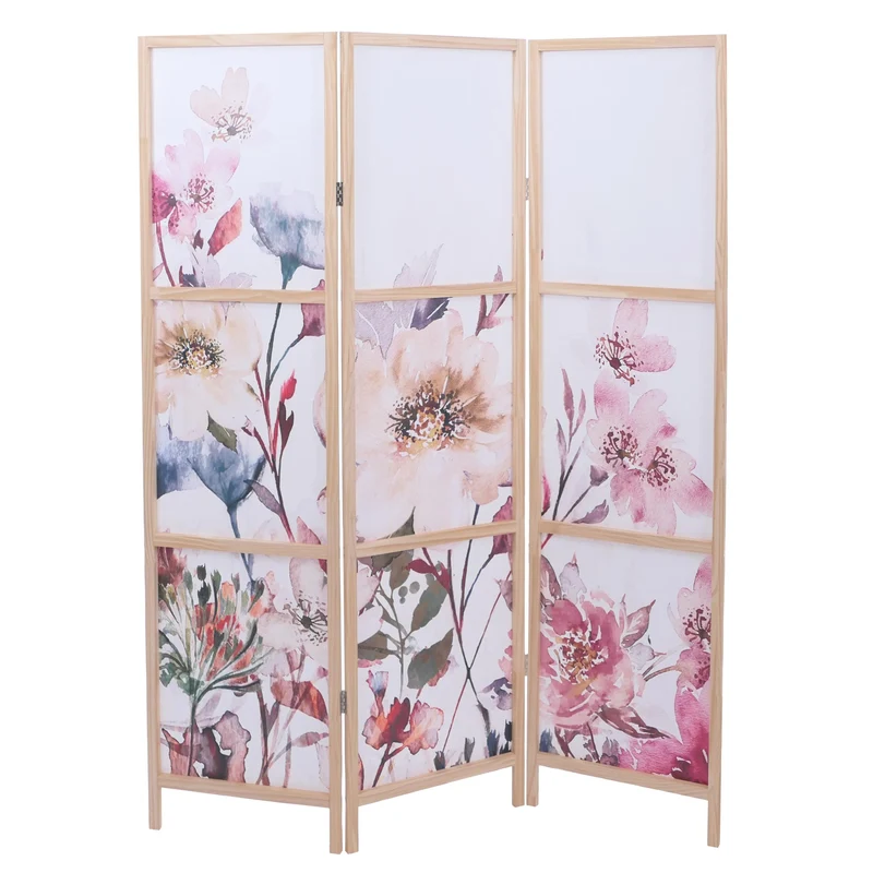 Paravent pliable 3 panneaux séparateur de pièce motif floral 170 x 137 cm en polyéthylène beige cadre en bois 04_0008911