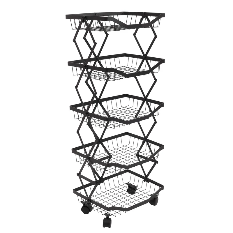 Etagère de cuisine chariot de cuisine sur roulettes étagère sur pied avec panier pliable et mobile 95 × 39 × 28 cm en métal noir 04_0009540