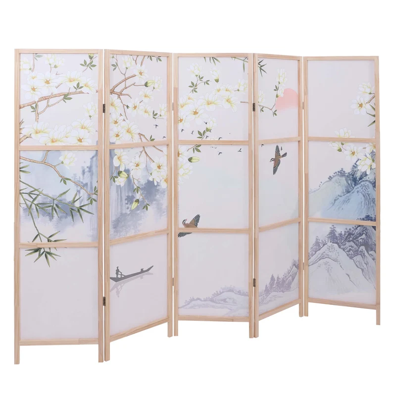 Paravent pliable 5 panneaux décoratif sépateur de pièce 170 x 227 cm motif paysage de rivière en polyéthylène beige 04_0008908
