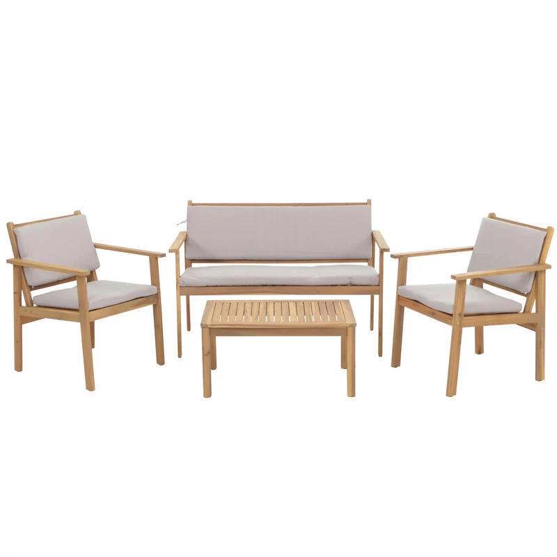 Salon de jardin en acacia ensemble lounge avec table banc et 2 chaises coussins gris 04_0009664