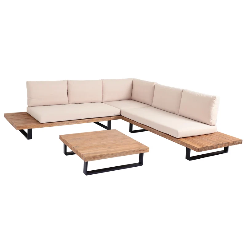 Salon de jardin 5 places avec canapé d’angle table et tablettes latérales ensemble lounge en aluminium et acacia coussins beige 04_0010288