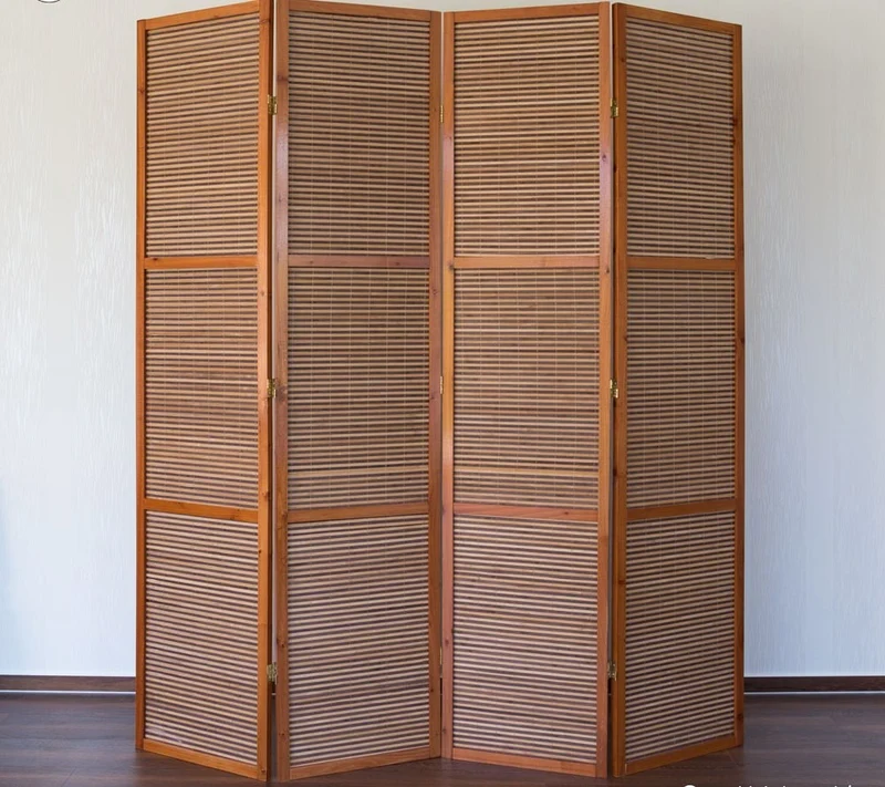 Paravent 4 panneaux marron en bois et bambou 172x200 cm PAR06050