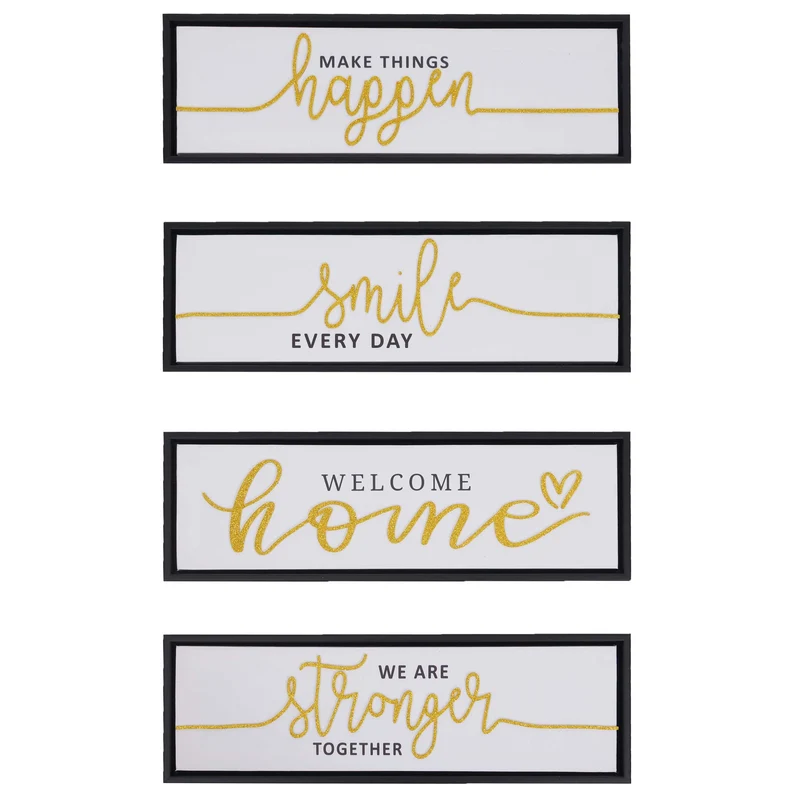 Lot de 4 tableaux muraux rectangulaires modernes 15 x 45 cm sublimés par des messages motivants en toile noire 04_0009162