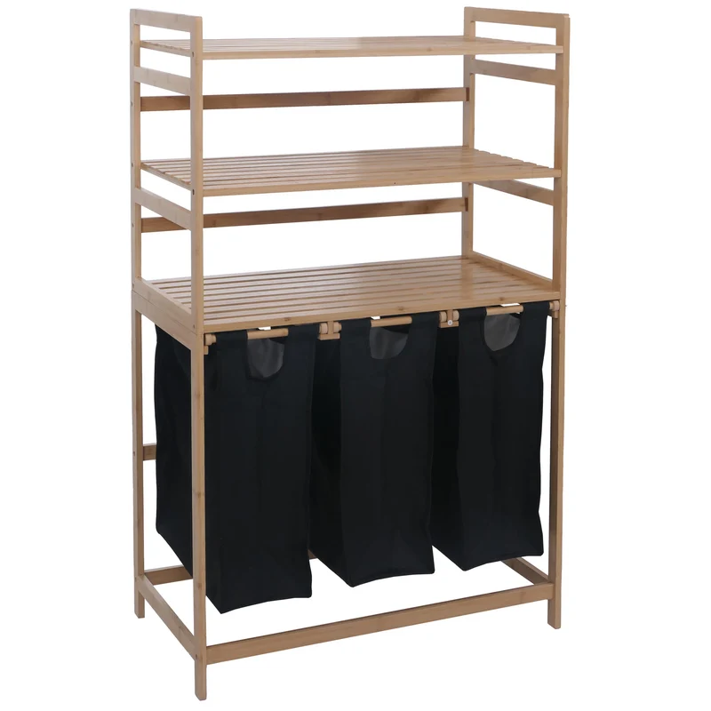 Lot de 3 paniers à linge pratiques pour salle de bain avec étagères 125 x 80 x 40 cm design épuré en bambou naturel et noir 04_0008766