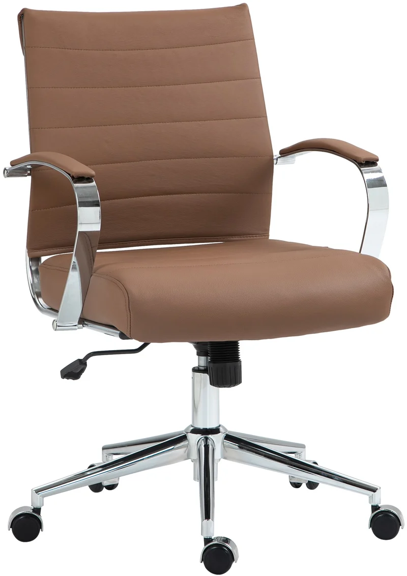 Chaise de bureau design ergonomique en cuir véritable marron clair et métal chromé 10_0002562