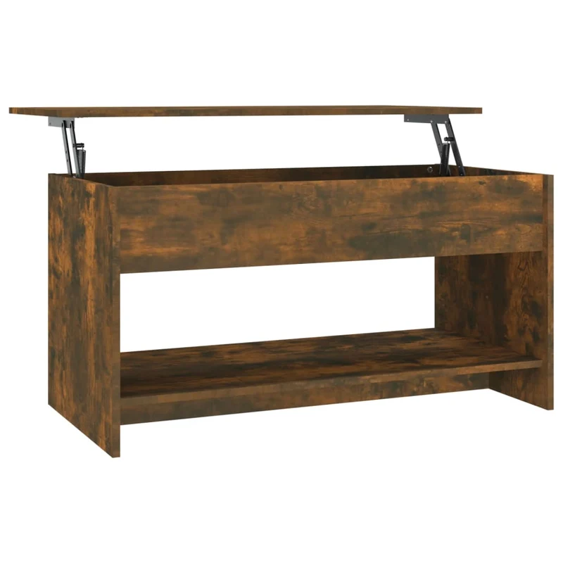 Table basse rectangulaire relevable avec rangement 102 x 50 x 52,5 cm finition chêne fumé marron et métal DEC038376