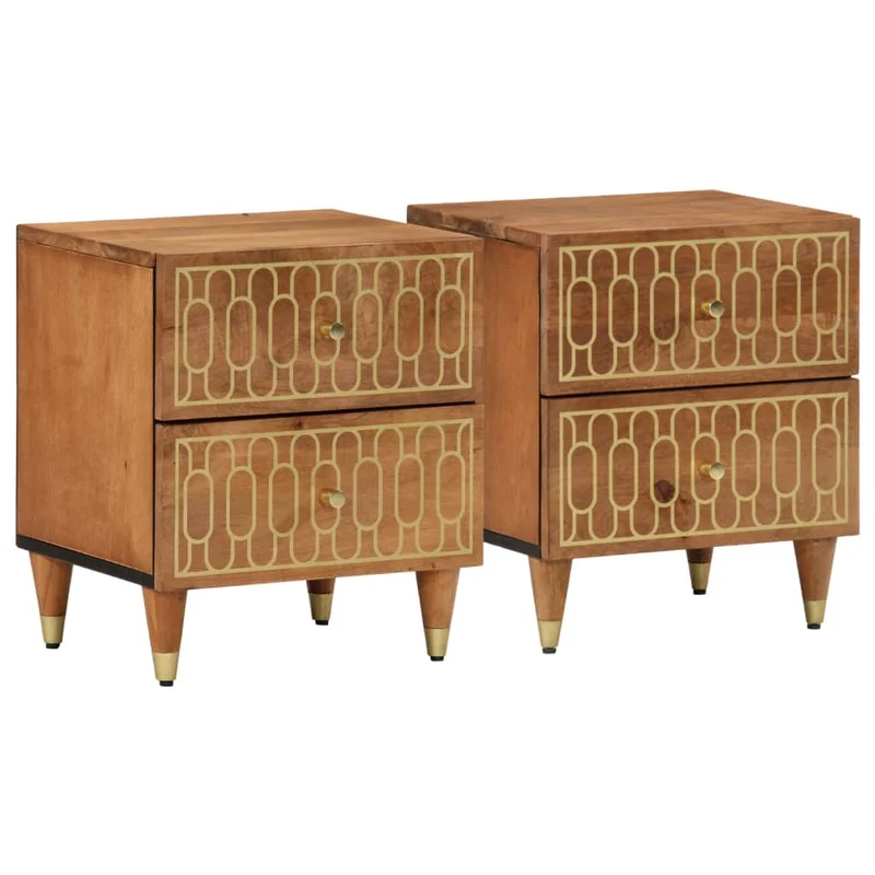 Lot de 2 tables de chevet en bois et MDF avec motif décoratif géométrique doré pieds bois et métal DEC034777
