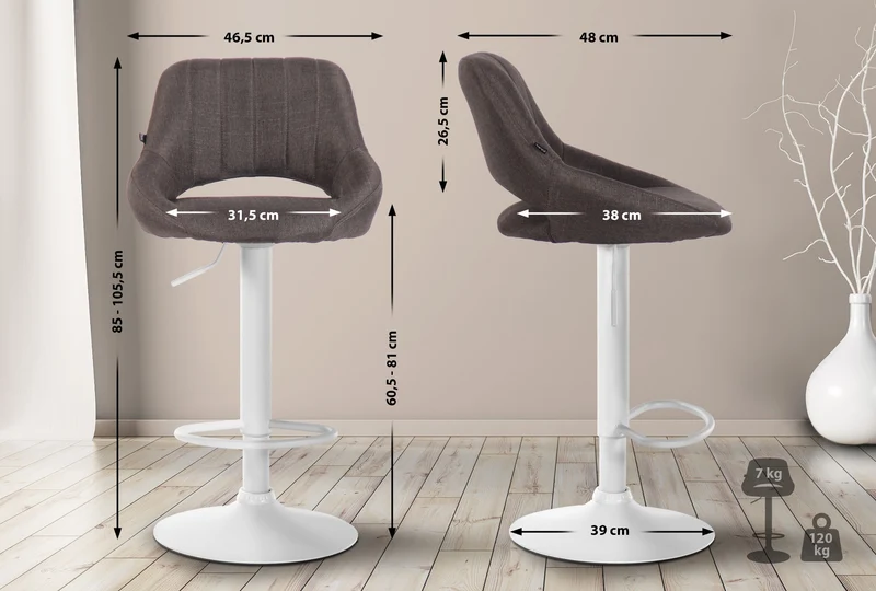 Lot de 2 tabourets de bar réglables en tissu gris foncé dossier ajouré et pied métal blanc 10_0006107
